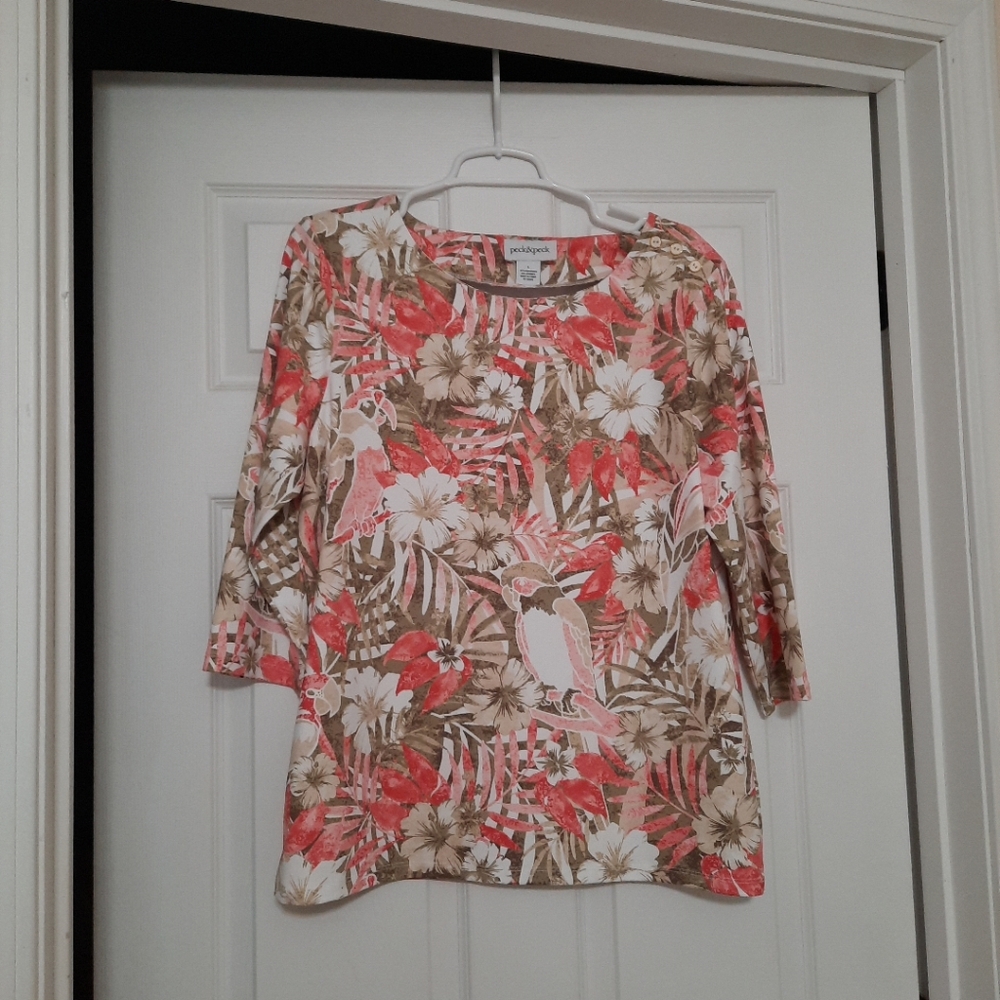 Peck & Peck Large Green Orange Tropical Birds Quarter  Sleeve Blouse